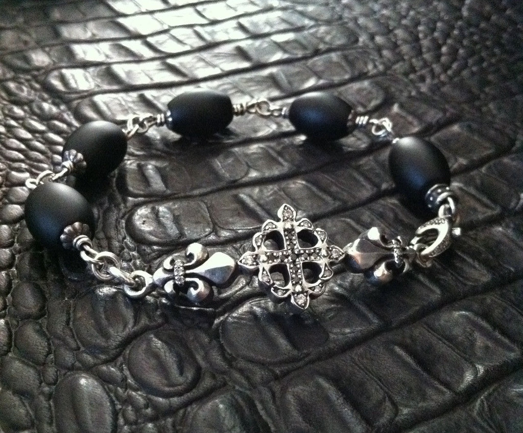 Sterling Silver Cross Fleur De Lis Bar Bacelet Diamond Pave with Oval Onyx beads