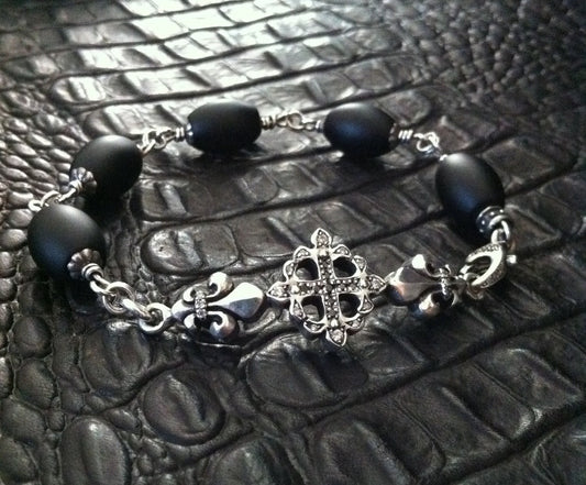 Sterling Silver Cross Fleur De Lis Bar Bacelet Diamond Pave with Oval Onyx beads