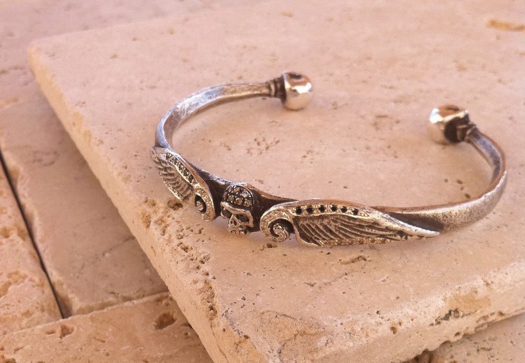 Sterling Silver Diamond Pave Three Skull Cuff with Wings