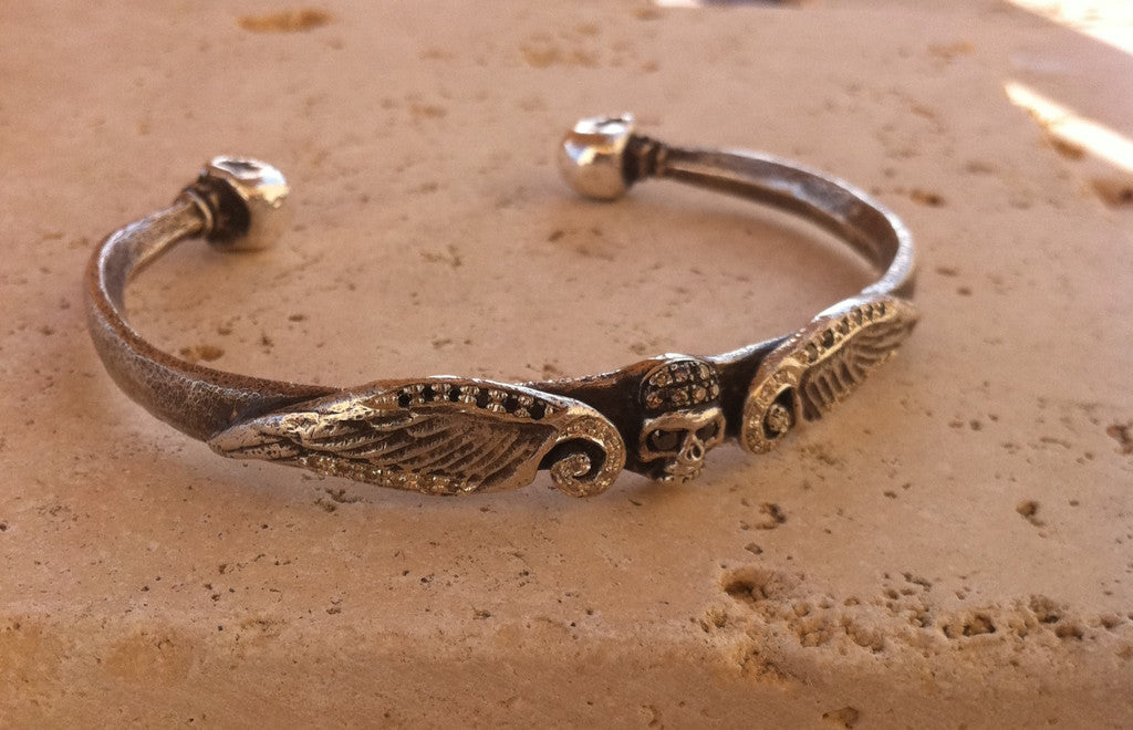 Sterling Silver Diamond Pave Three Skull Cuff with Wings
