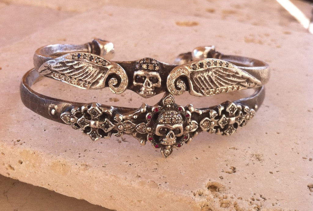 Sterling Silver Diamond Pave Three Skull Cuff with Wings