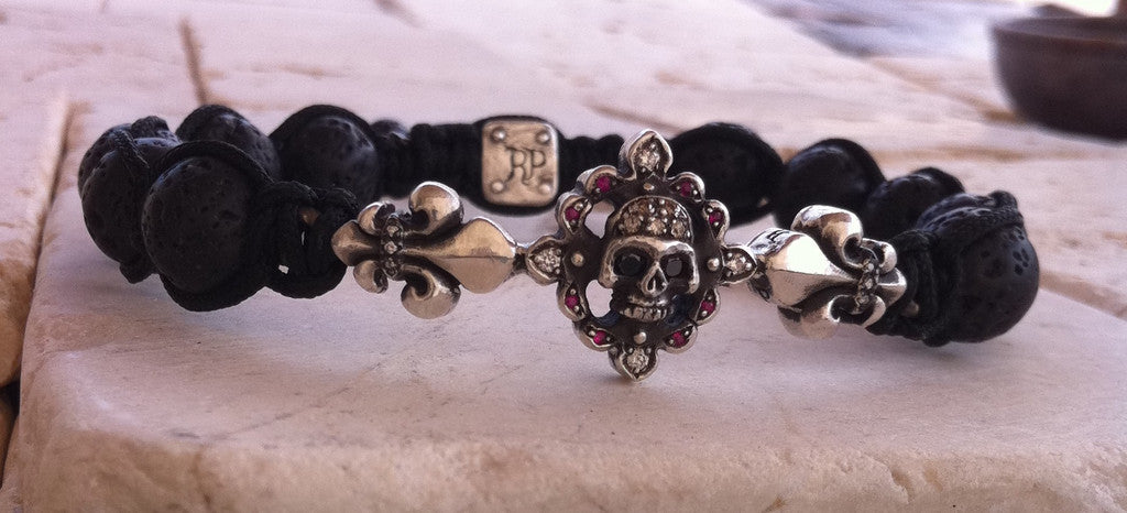 Sterling Silver Skull Fleur De Lis Bar Bracelet Diamond & Ruby Pave with Lava Beads
