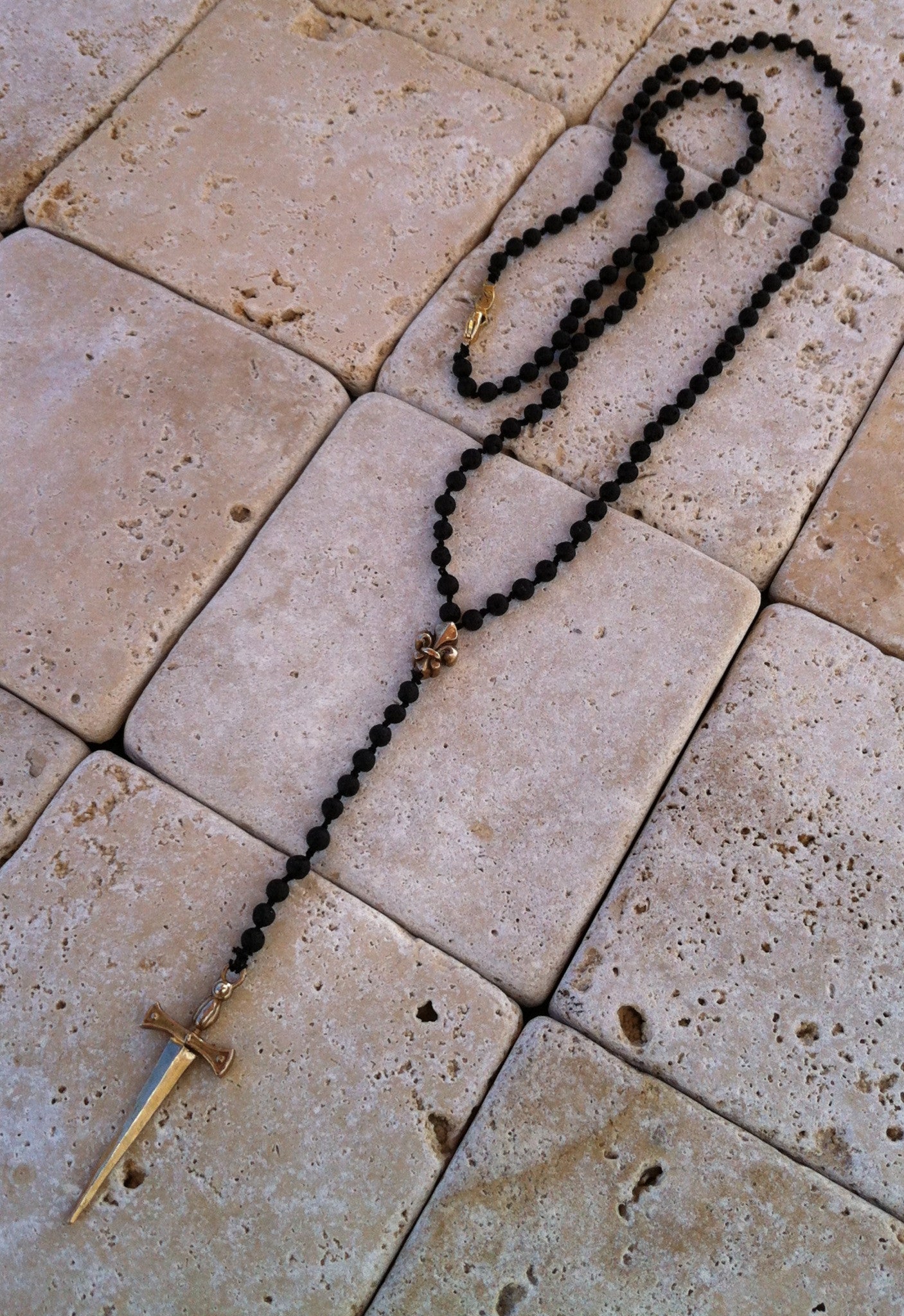 Necklace - Bronze Sword Fleur De Lis Onyx Beads