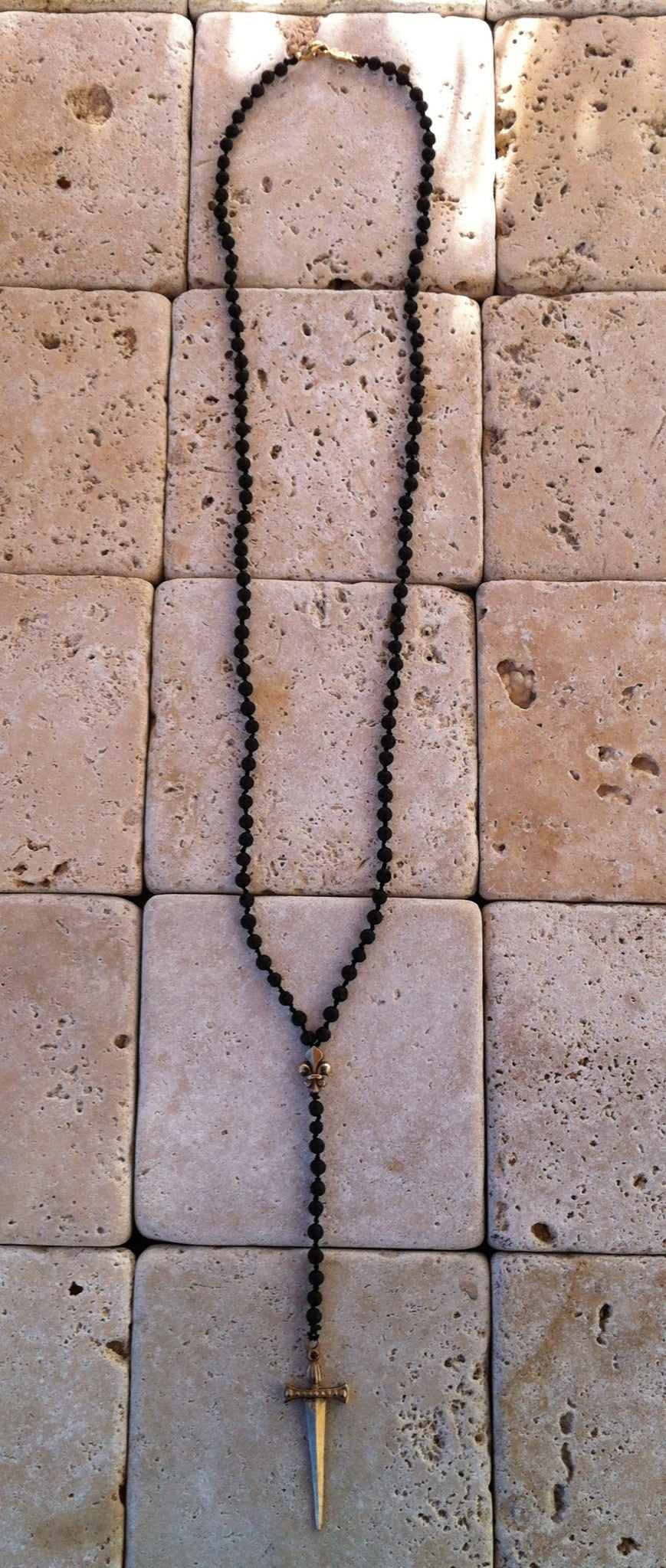 Necklace - Bronze Sword Fleur De Lis Onyx Beads