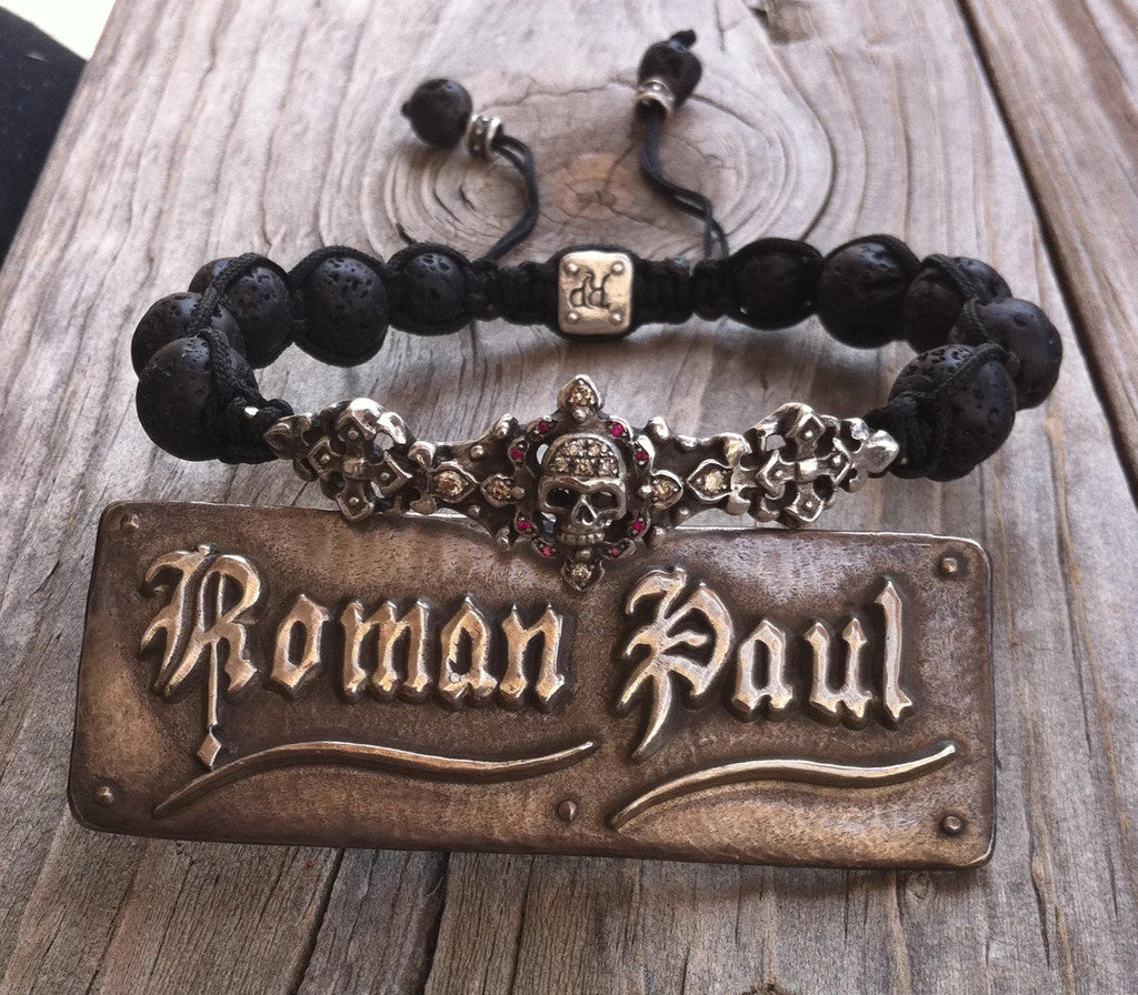 Sterling Silver Skull Bar Bracelet Diamond & Ruby Pave with Lava Beads