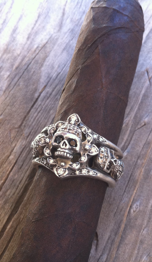 Sterling Silver Five Skull Diamond Pave with Internal Ruby Ring