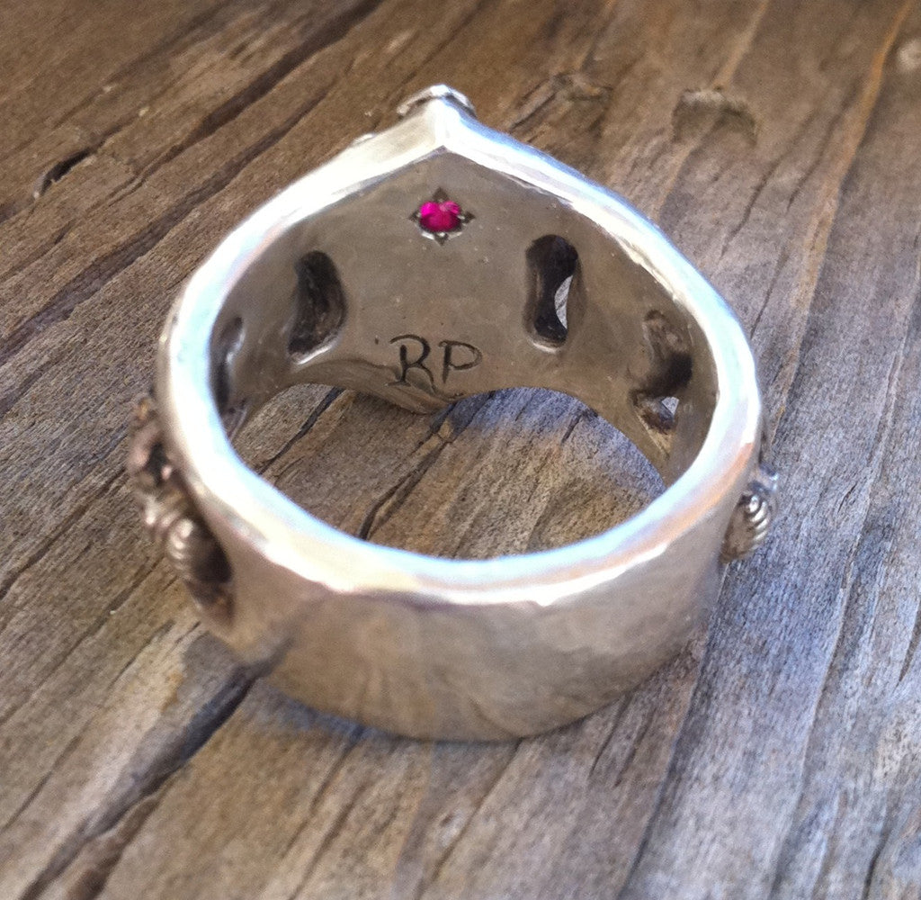 Sterling Silver Five Skull Diamond Pave with Internal Ruby Ring