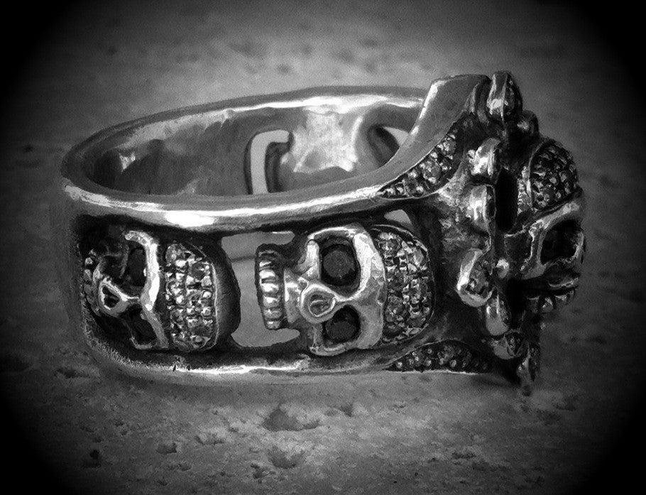 Sterling Silver Five Skull Diamond Pave with Internal Ruby Ring