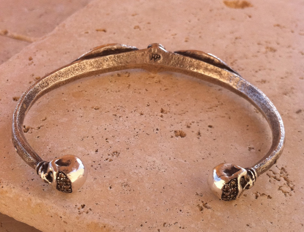 Sterling Silver Diamond Pave Three Skull Cuff with Wings