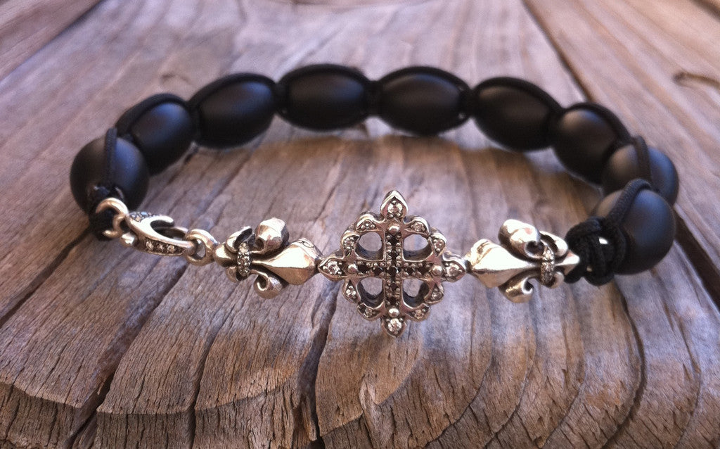 Sterling Silver Cross Fleur De Lis Bar Bracelet with Diamond Pave & Onyx Beads