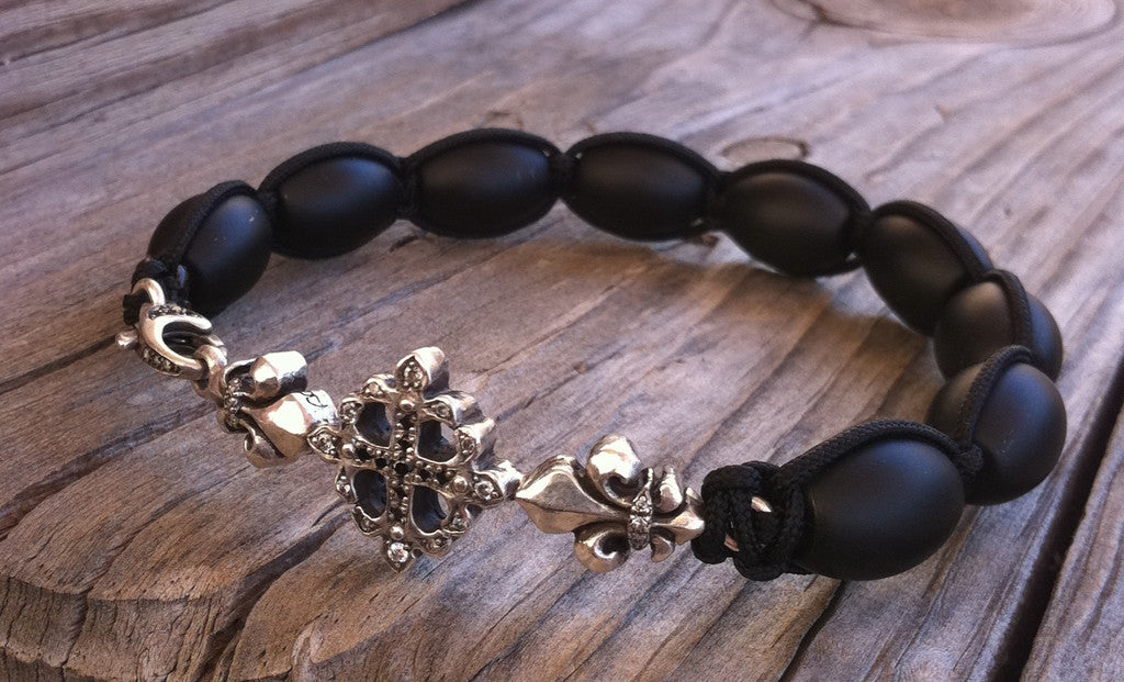 Sterling Silver Cross Fleur De Lis Bar Bracelet with Diamond Pave & Onyx Beads