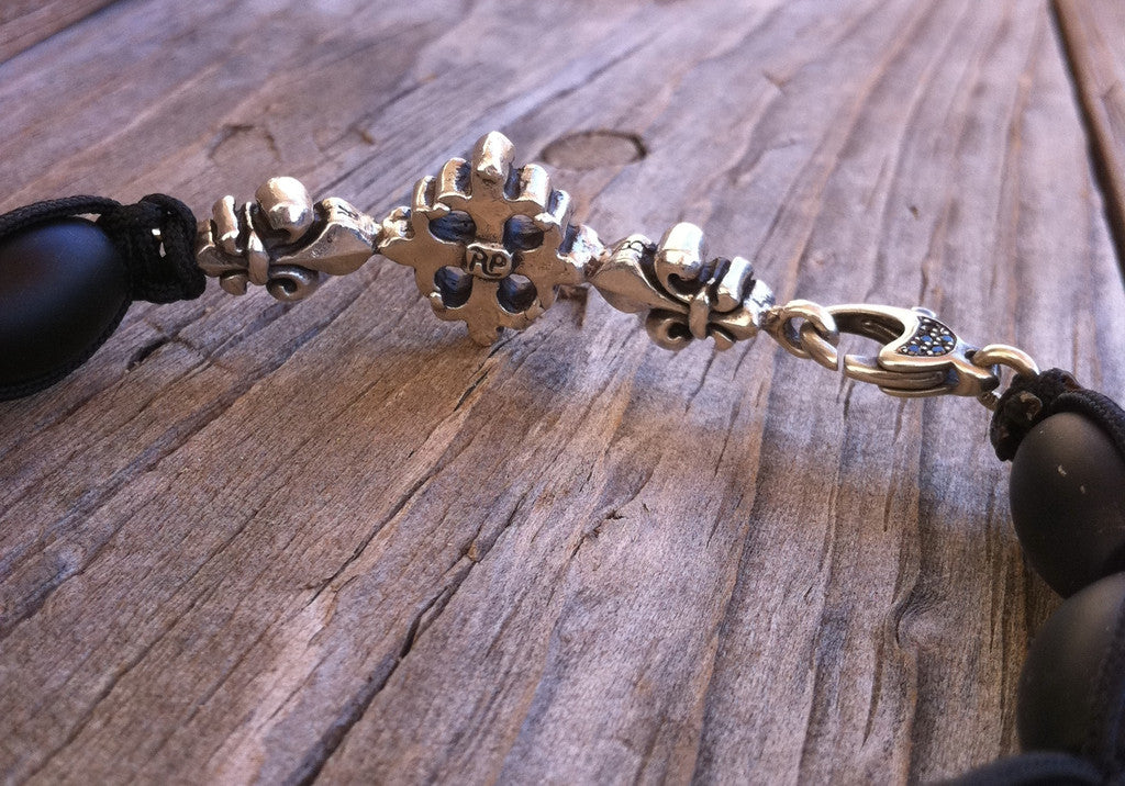 Sterling Silver Cross Fleur De Lis Bar Bracelet with Diamond Pave & Onyx Beads