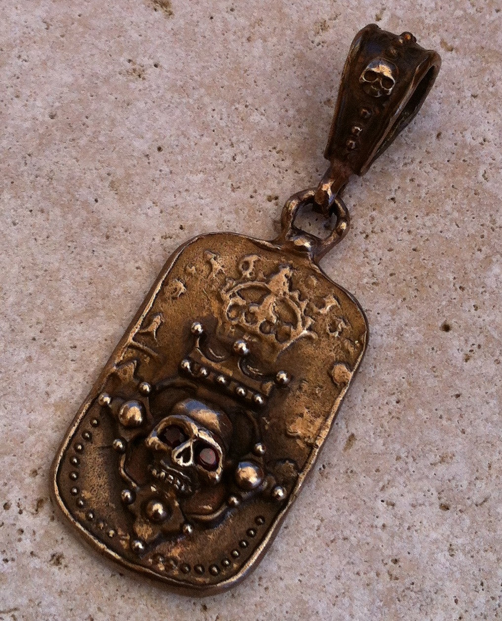 Bronze Skull Dog Tag Pendant Garnets