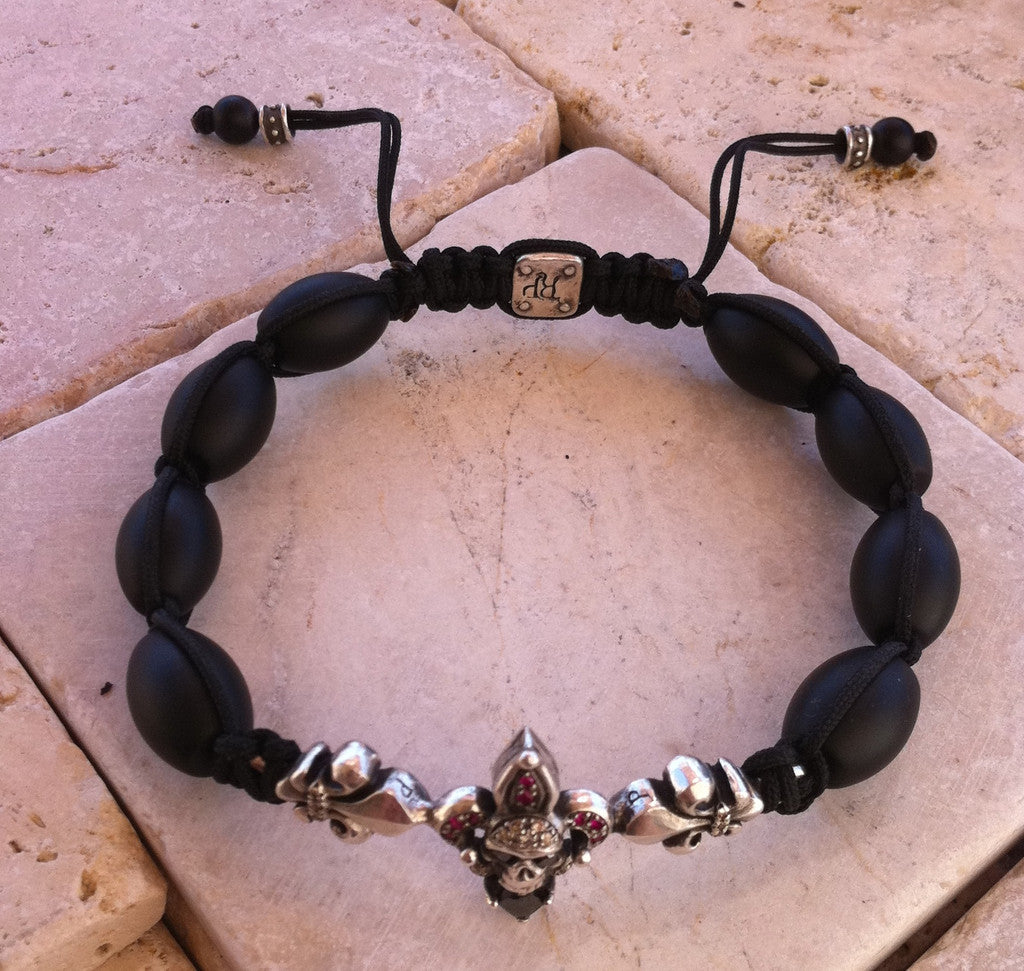 Sterling Silver Jester Hat Skull Fluer De Lis Bar Bracelet Diamond & Ruby Pave with Oval Onyx Beads