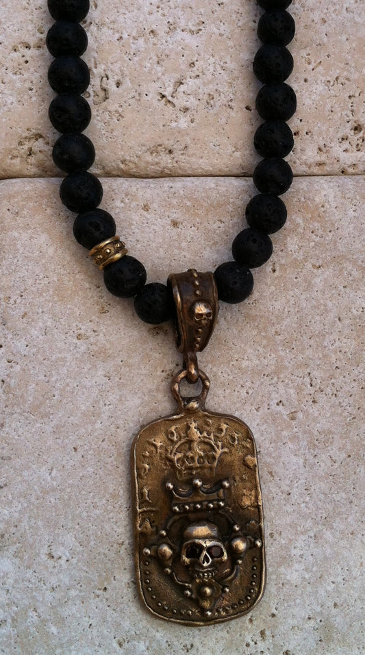 Necklace - Bronze Crowned Skull Dog Tag