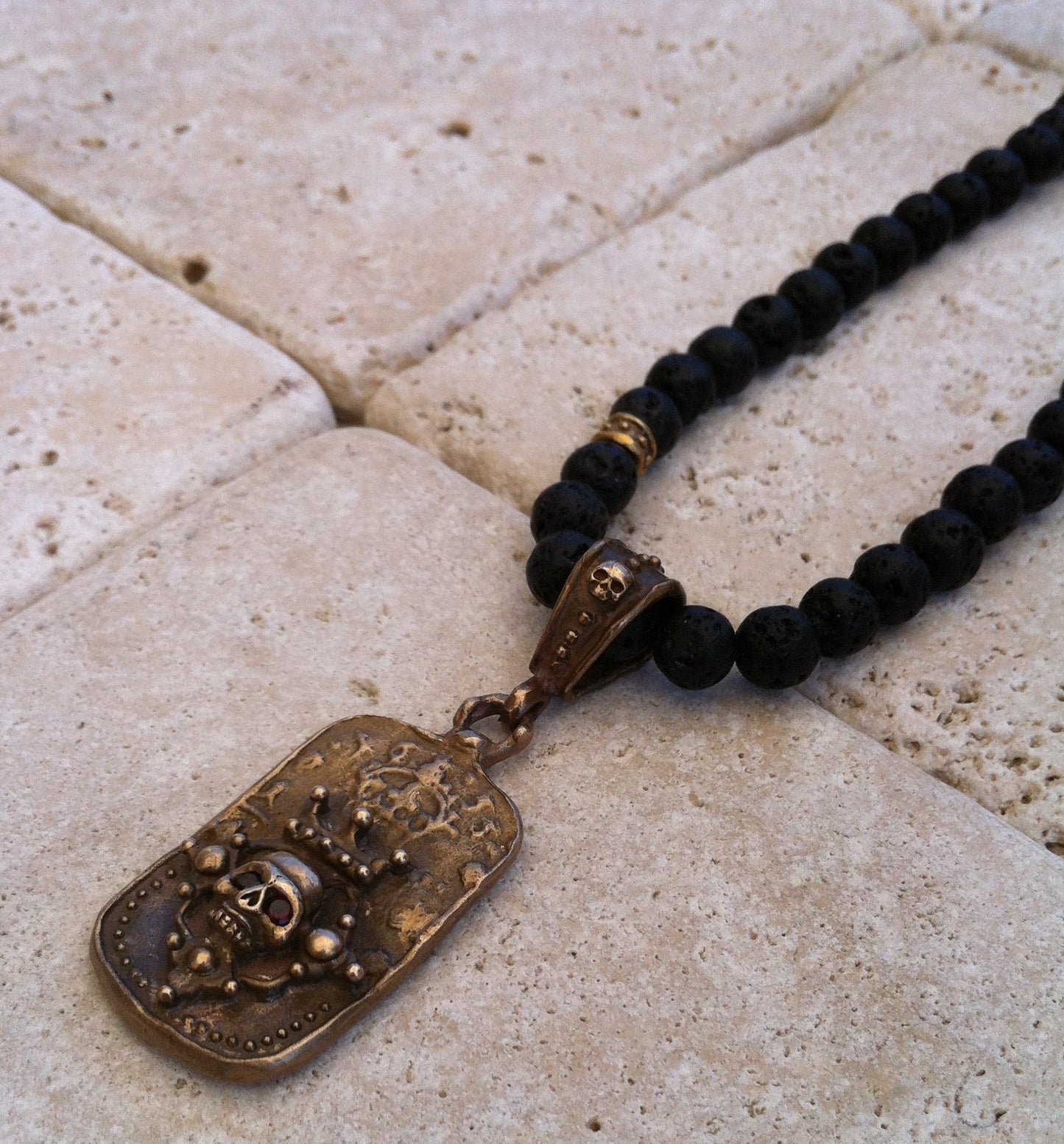 Necklace - Bronze Crowned Skull Dog Tag