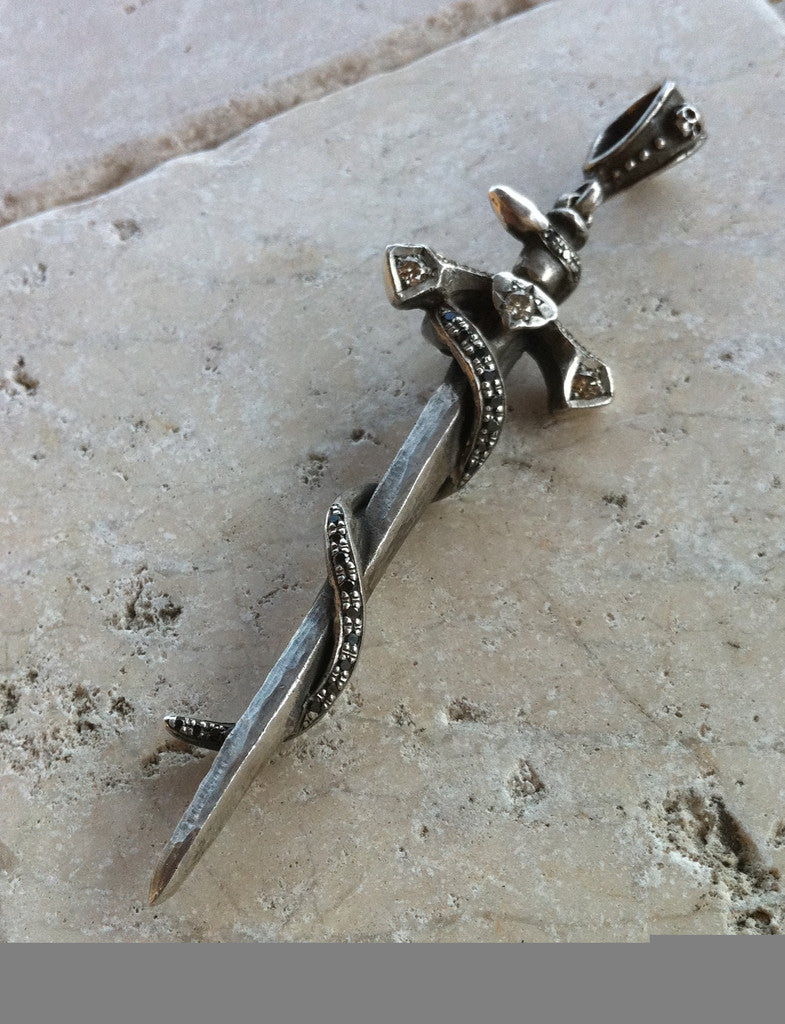 Sterling Silver Diamond Pave Sword with Serpent & Skull Pendant