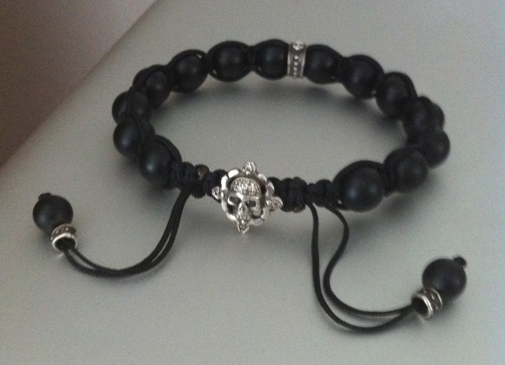 Sterling Silver Skull Diamond Pave Bracelet with Black Onyx Beads