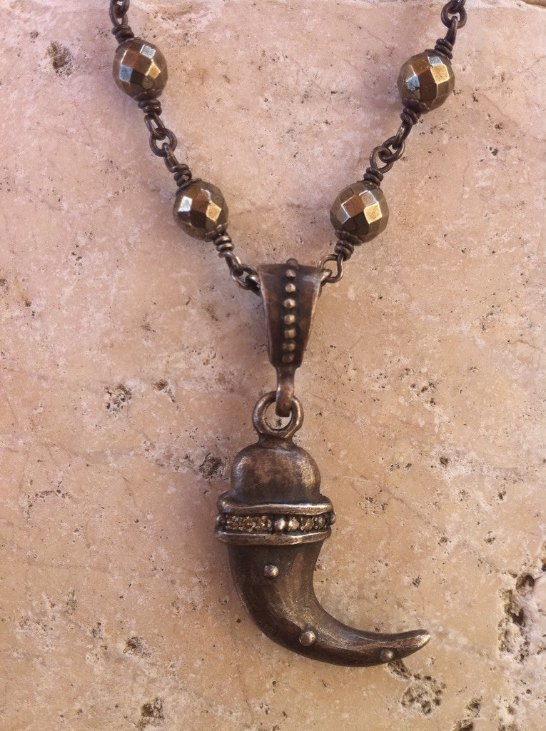 Sterling Silver Horn with Champagne Diamonds and Pyrite Beads Necklace