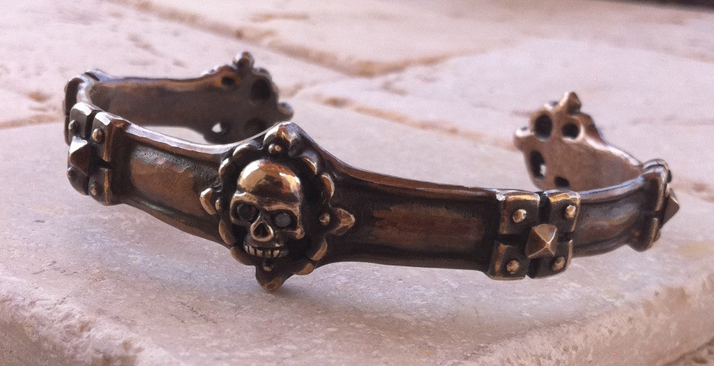 Gothic Bronze Skull Cuff Black Diamonds