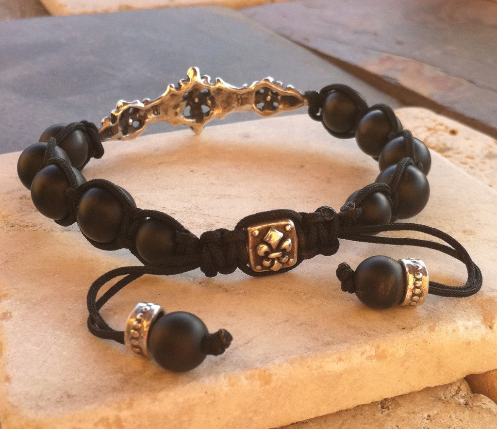 Sterling Silver Skull Bar Diamond & Ruby Pave Bracelet with Onxy beads