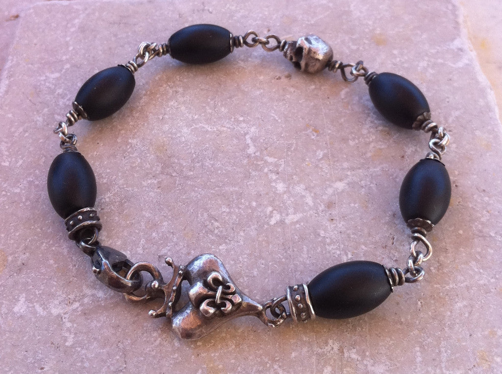 Sterling Silver Crowned Fleur De Lis Heart & Skull Bracelet with Oval Onyx Beads