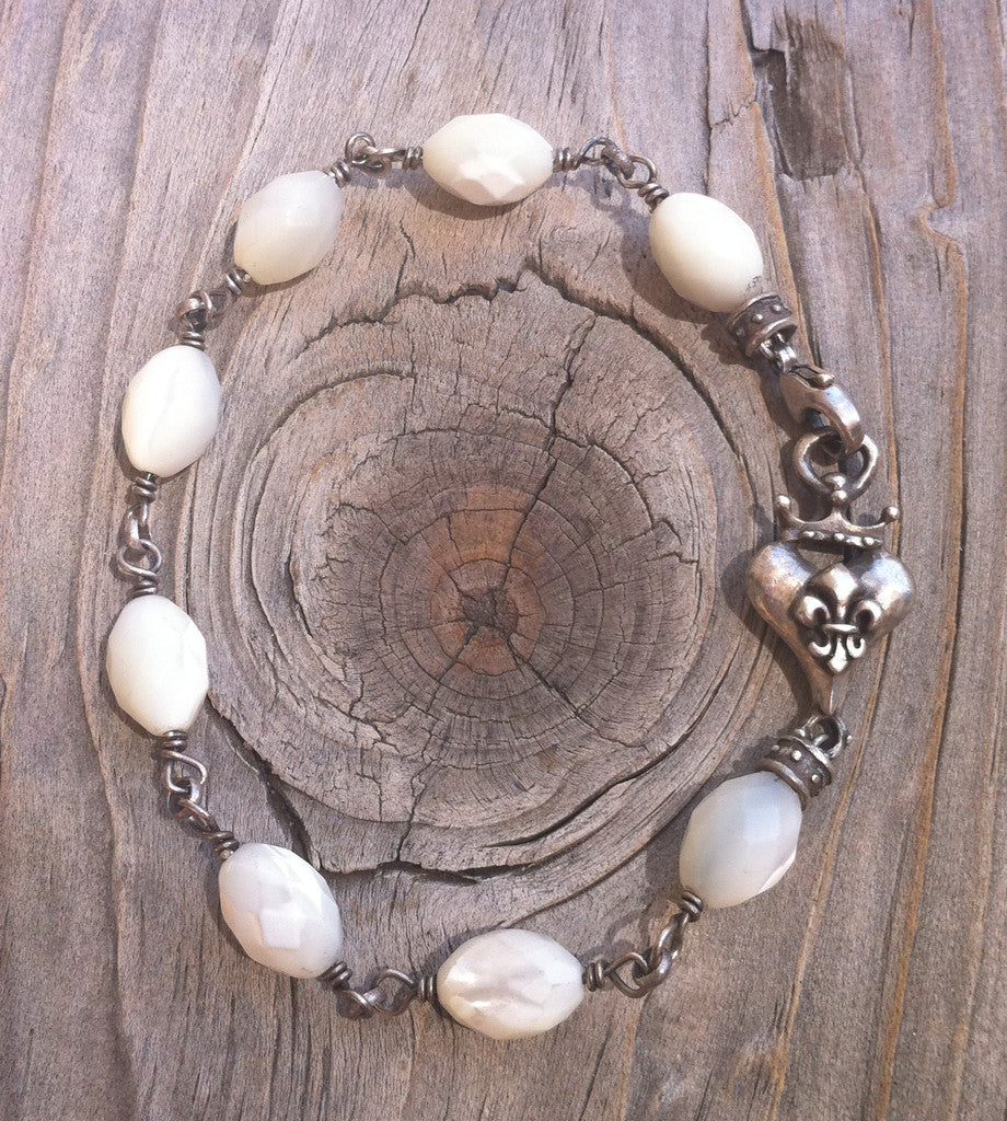 Sterling Silver Fleur De Lis Crowned Heart with Mother Of Pearl Faceted Beads