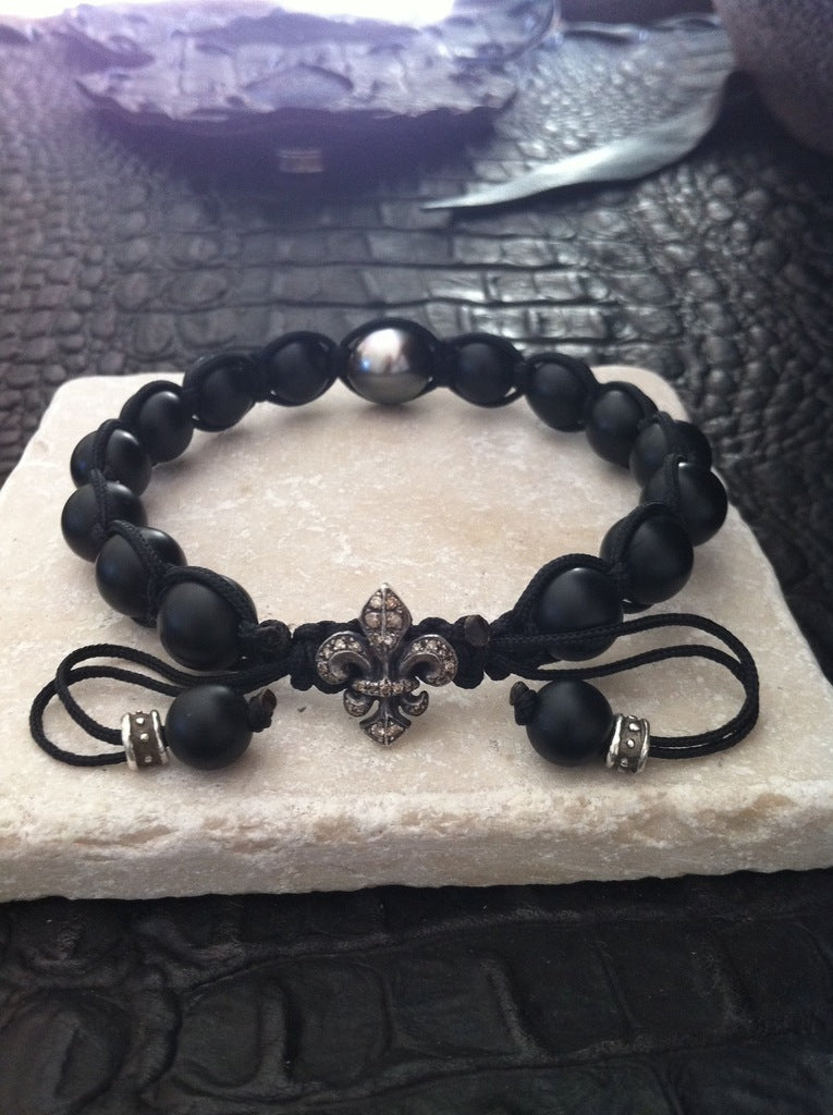 Silver Diamond Fleur De Lis Bracelet with Pearl