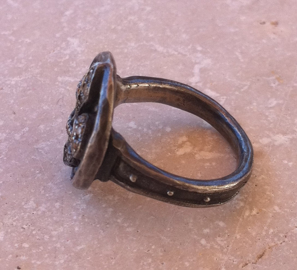 Sterling Silver Fleur De Lis Ring with Champagne Diamond Pave