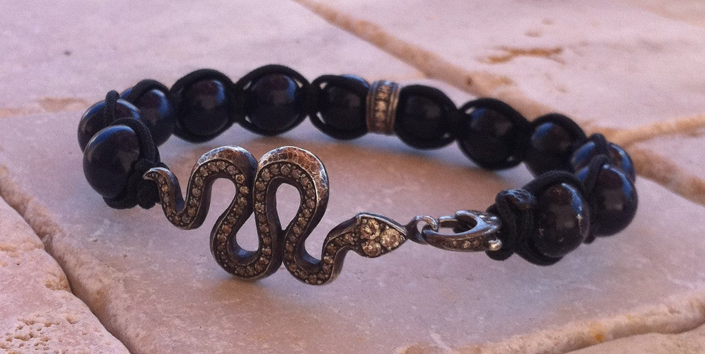 Sterling Silver Snake Champagne Diamond Pave bracelet with Rondel & Lapis Beads