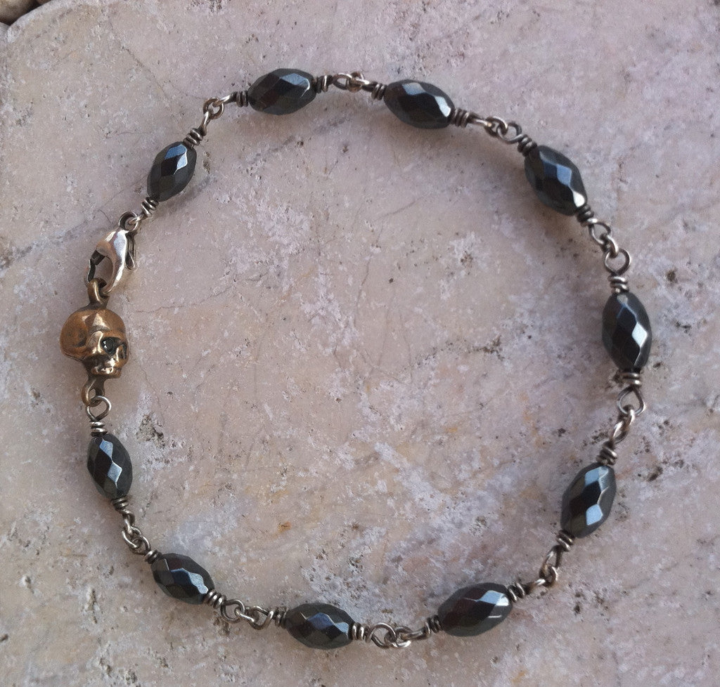 Bracelet - Bronze Skull with Diamonds & Hematite