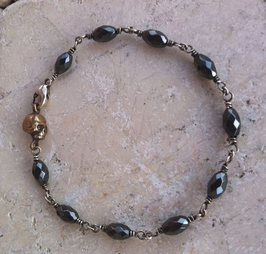 Bracelet - Bronze Skull with Diamonds & Hematite