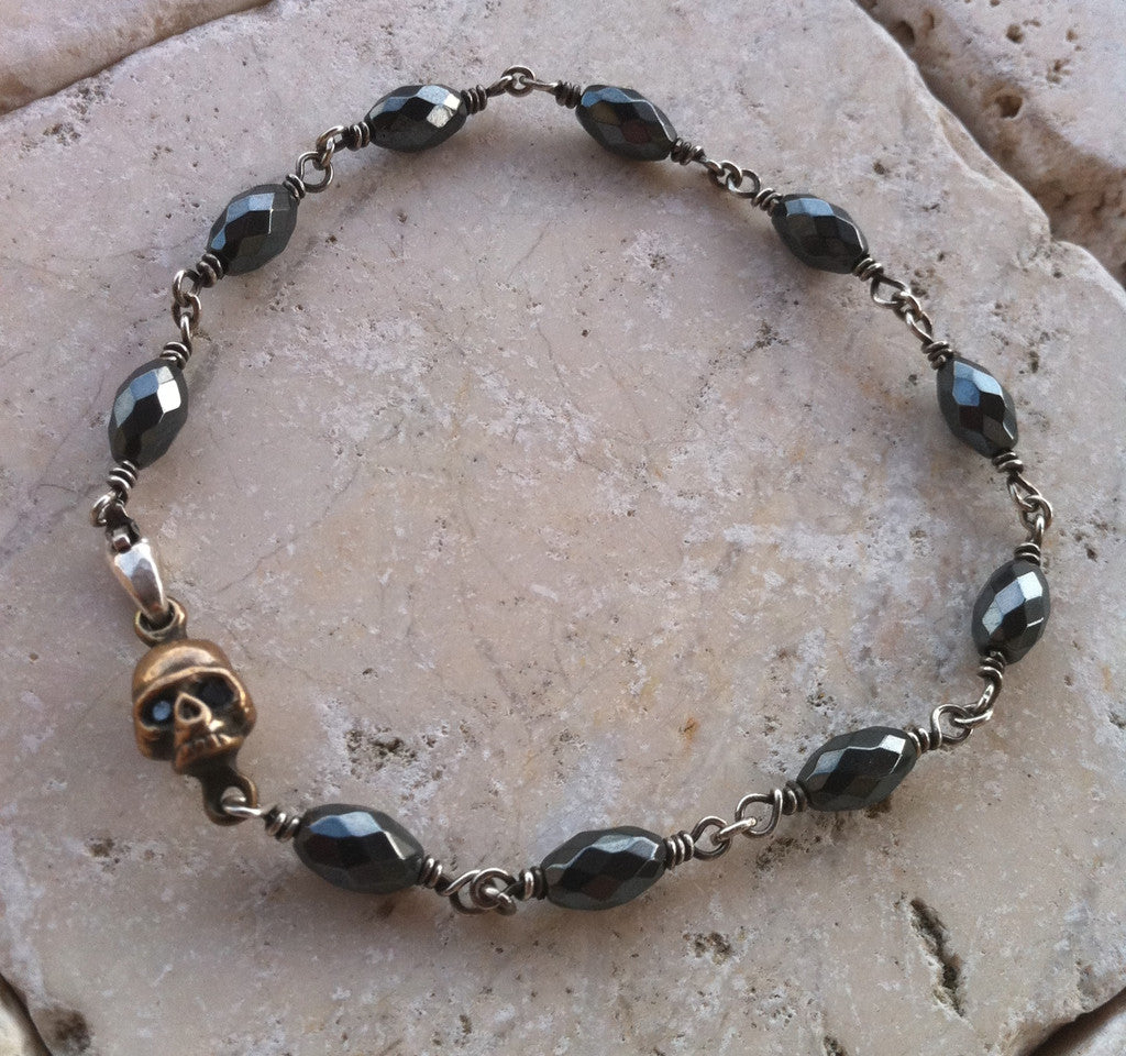 Bracelet - Bronze Skull with Diamonds & Hematite