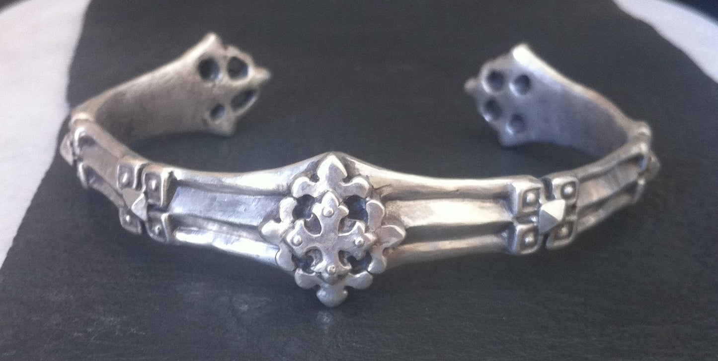 Sterling Silver Fleur De Lis Cross Cuff