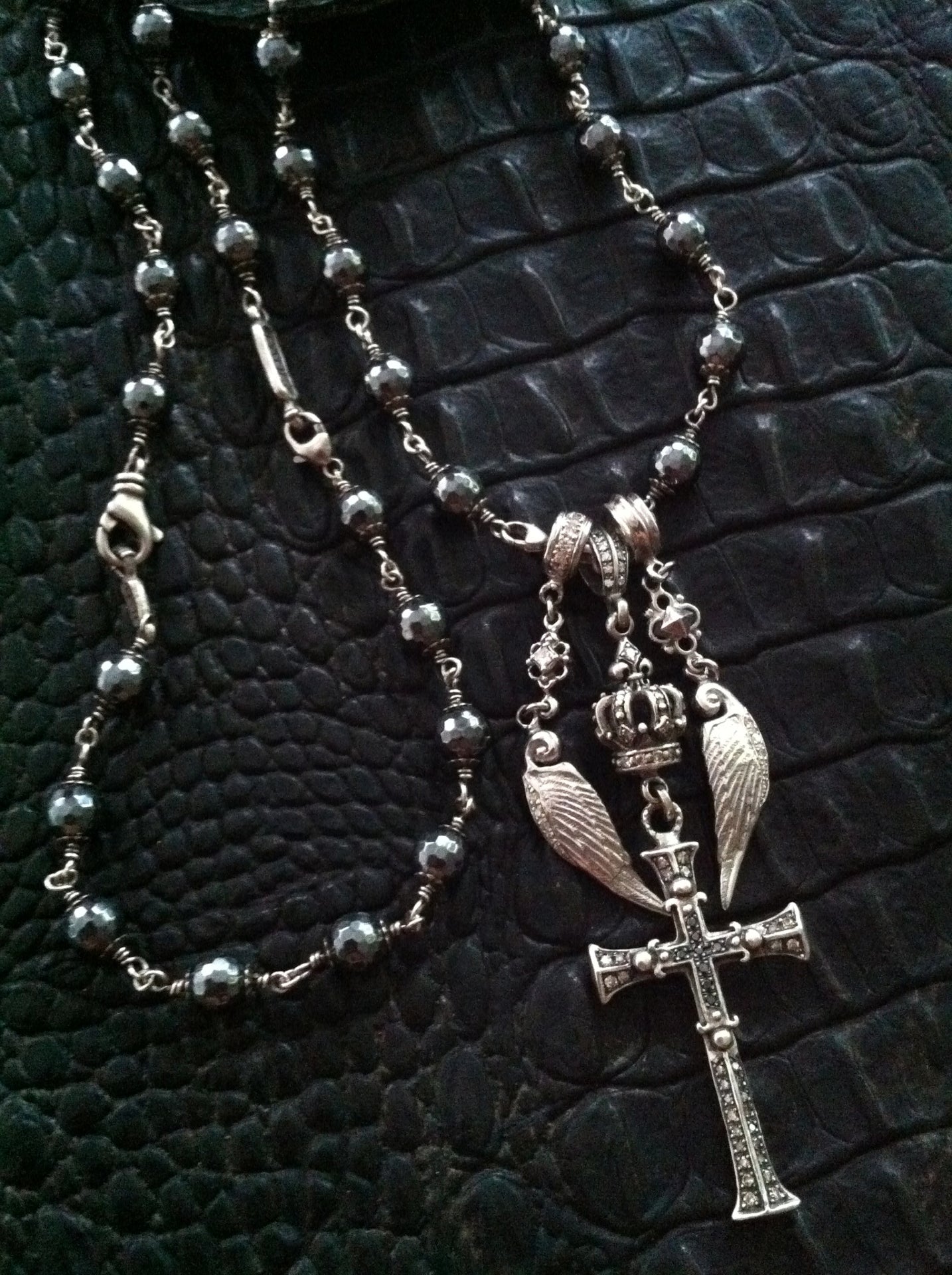 Sterling Silver Multi Charm Diamond Cross with Diamond Crown and Wings