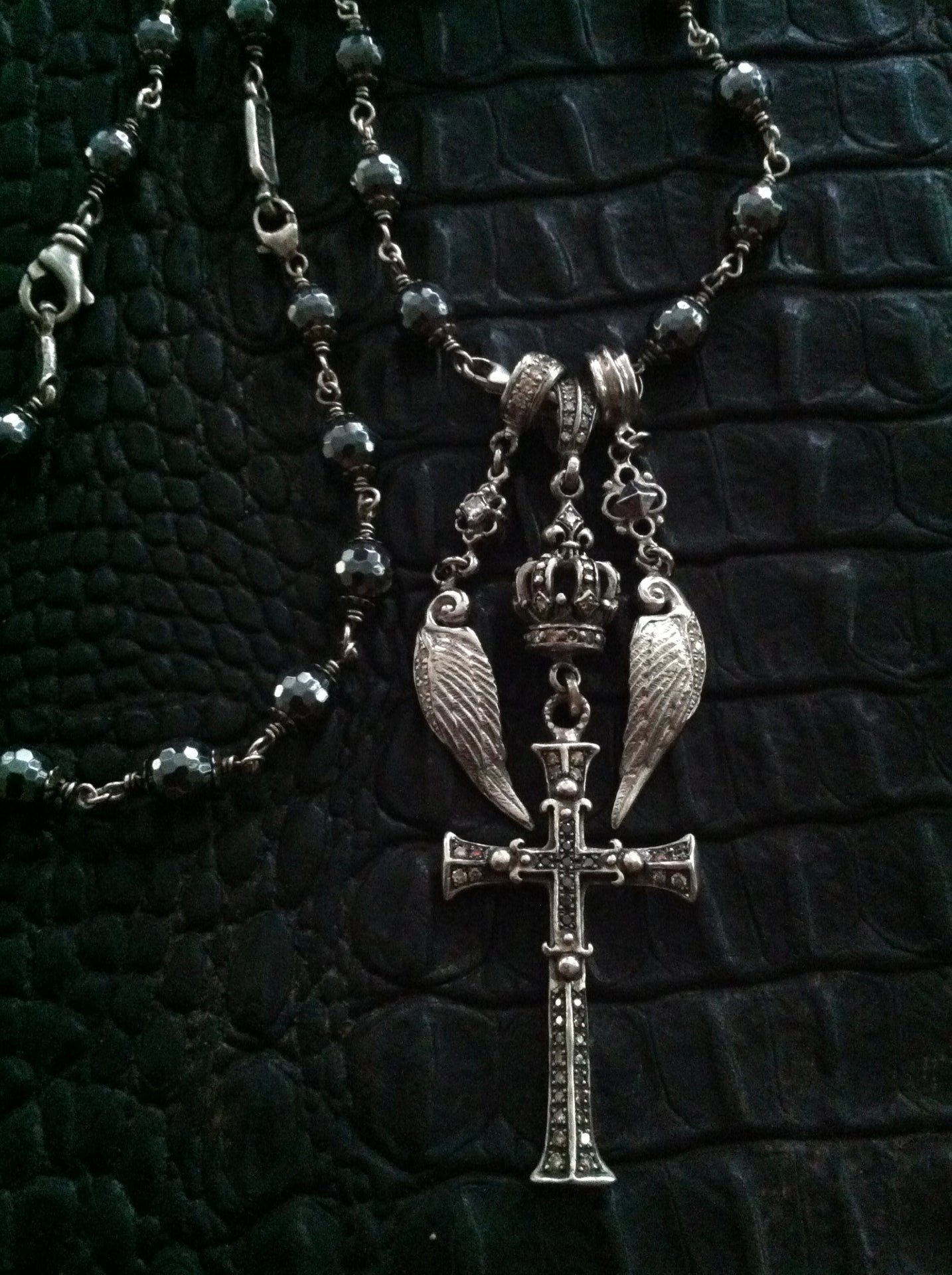 Sterling Silver Multi Charm Diamond Cross with Diamond Crown and Wings