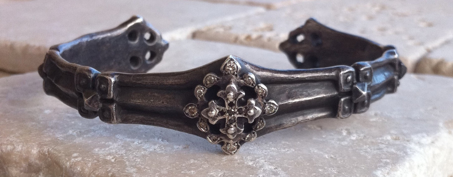 Sterling Silver Three Cross Cuff with Champagne & Black Diamond Pave