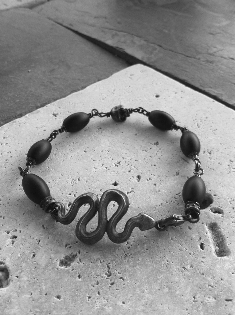 Sterling Silver Dark Antiqued Serpent & Skull Bracelet with Oval Onyx Beads