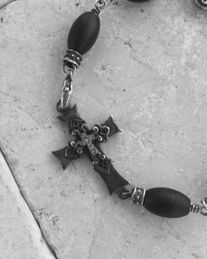 Sterling Silver Cross Micro Diamond Pave with Oval Onyx Beads