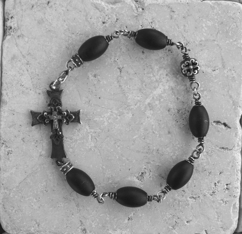 Sterling Silver Cross Micro Diamond Pave with Oval Onyx Beads