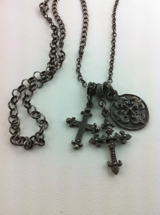 Silver Triple Charm Cross Necklace by Roman paul