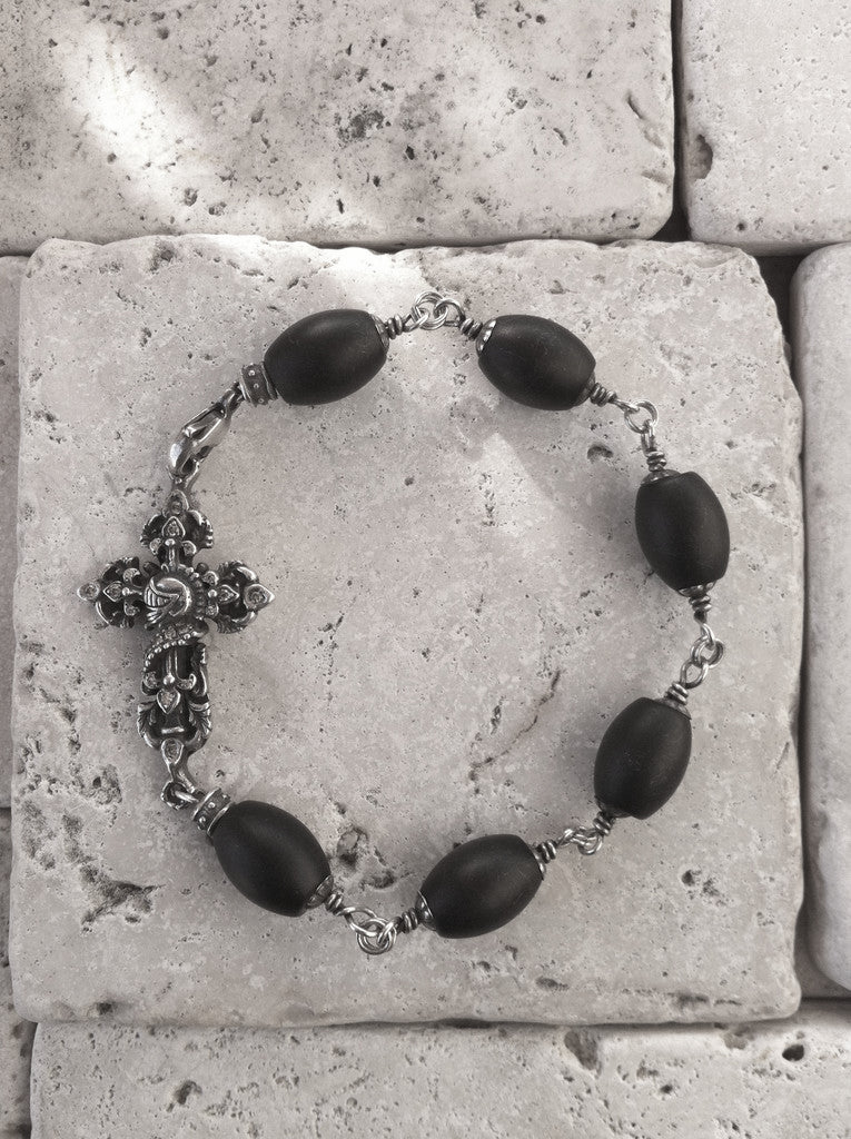 Sterling Silver Diamond Cross Bracelet with Knight Profile