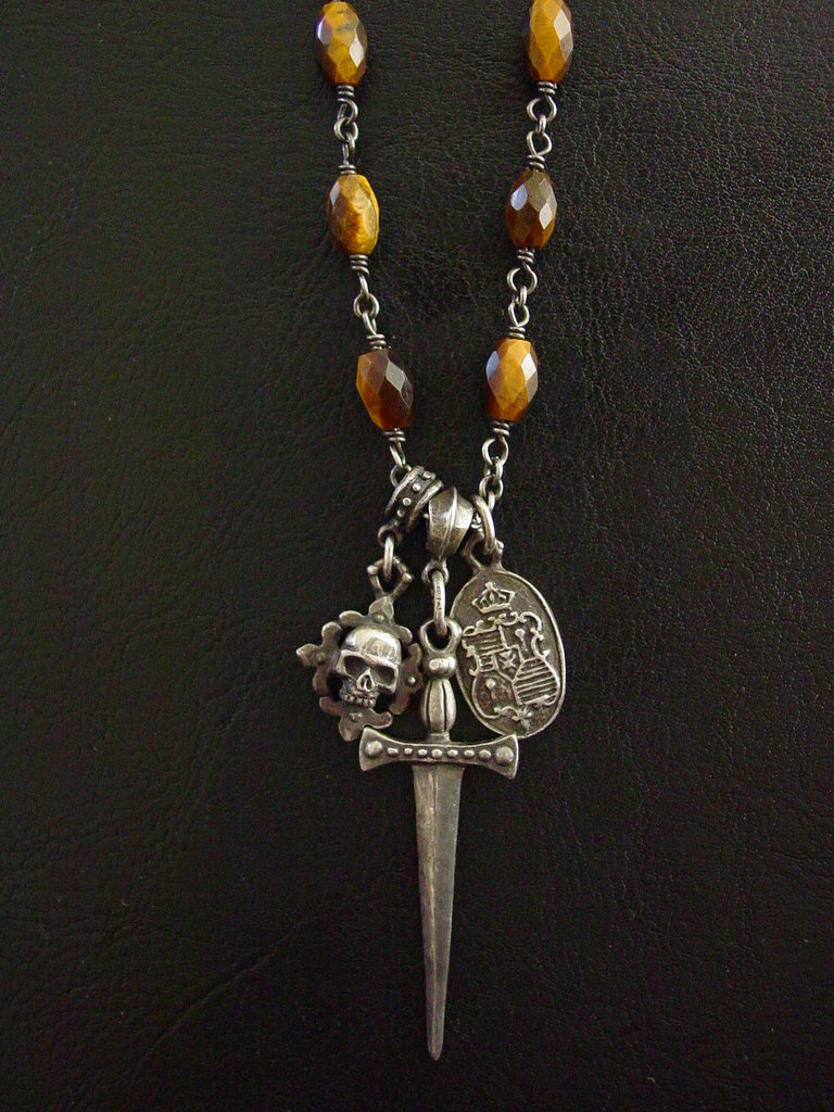 Sterling Silver Triple Charm Sword Necklace with Tiger Eye Oval Beads