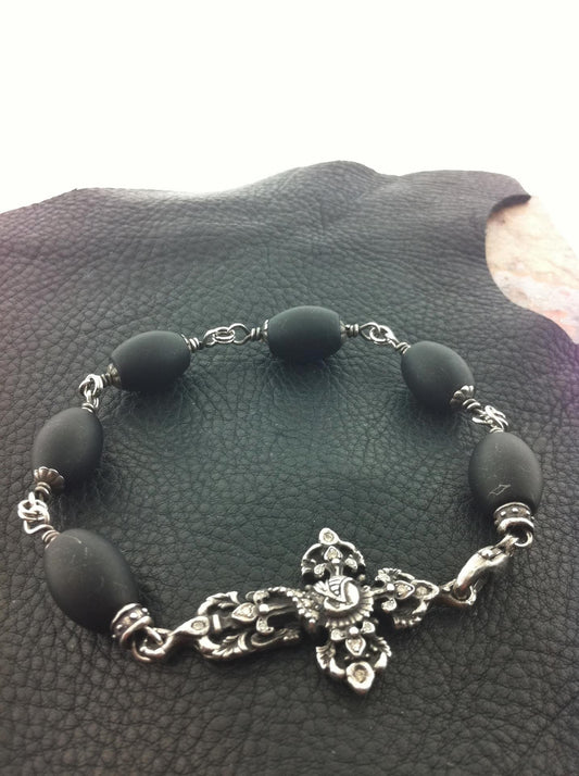 Sterling Silver Diamond Cross Bracelet with Knight Profile