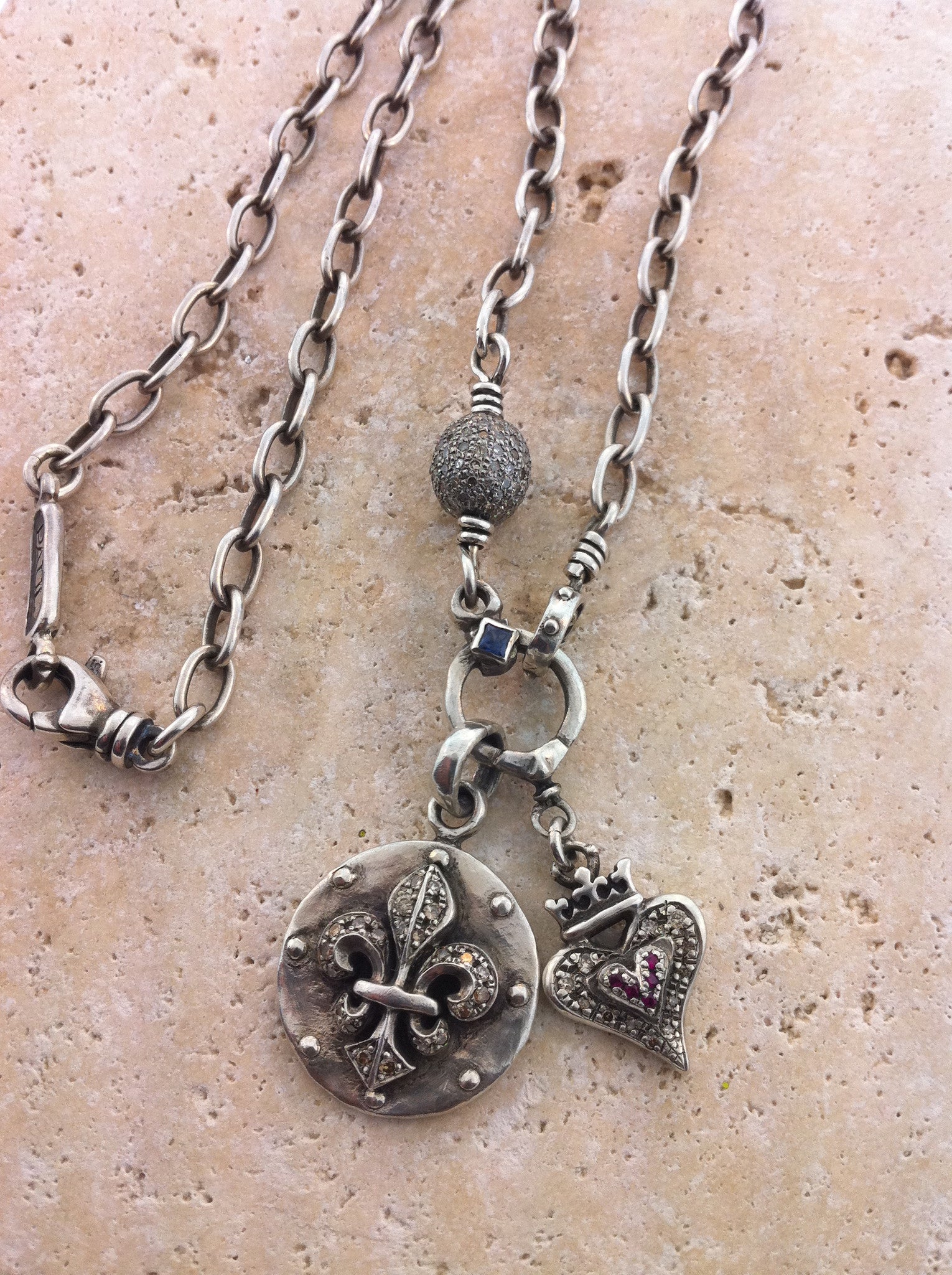 Sterling Silver Diamond & Ruby Pave Fleur De Lis Medallion with Crowne