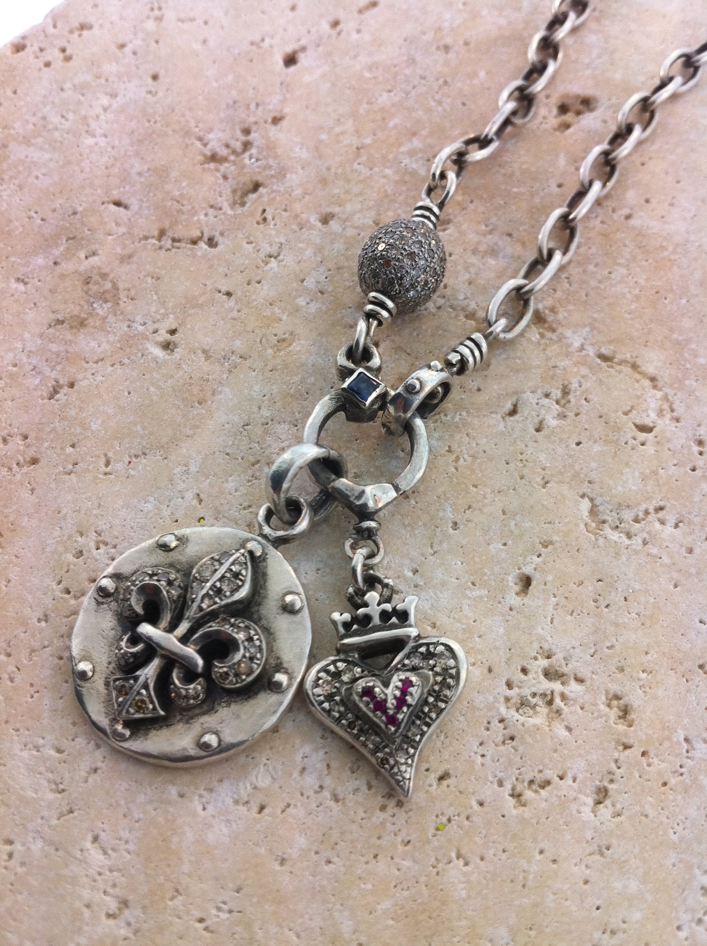 Sterling Silver Diamond & Ruby Pave Fleur De Lis Medallion with Crowned Heart
