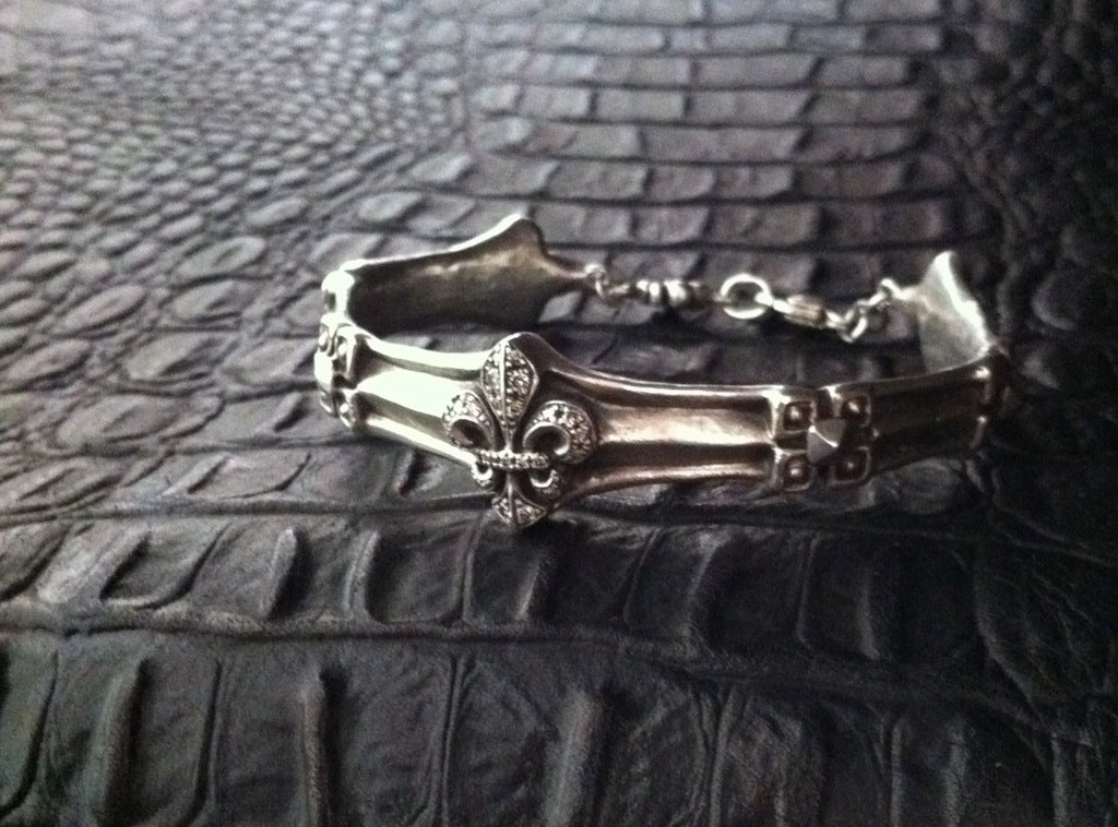 Sterling Silver Fleur De Lis Cuff with Diamond Pave & Lobster Clasp Closure