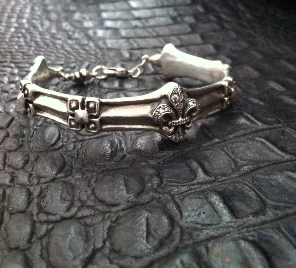 Sterling Silver Fleur De Lis Cuff with Diamond Pave & Lobster Clasp Closure