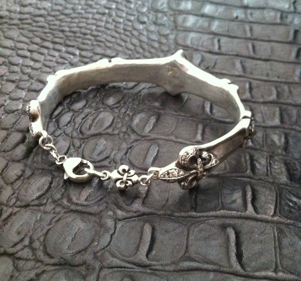 Sterling Silver Fleur De Lis Cuff with Diamond Pave & Lobster Clasp Closure