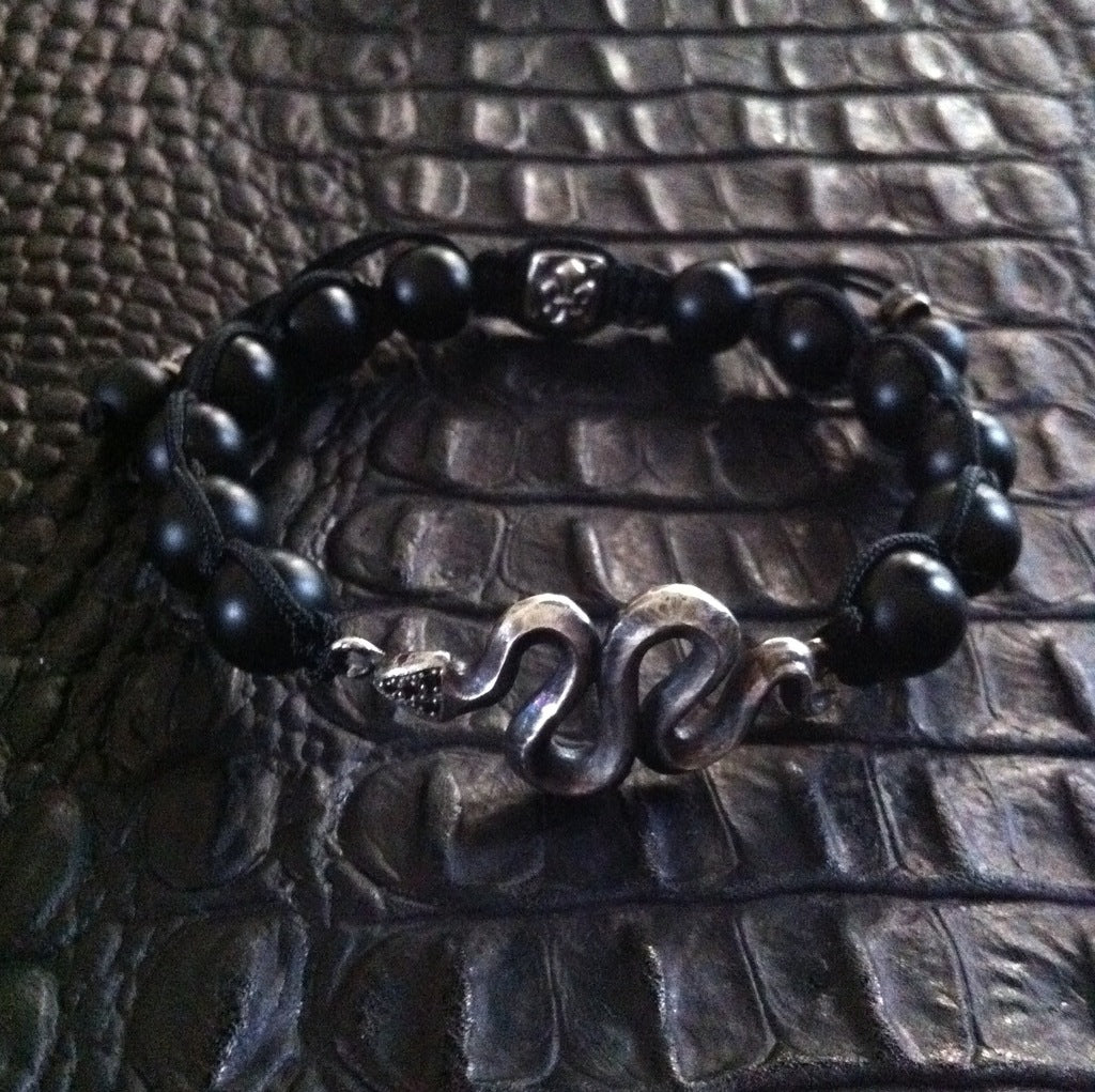Sterling Silver Snake Bracelet Black Diamond Pave & Ruby Eyes with Onyx Beads
